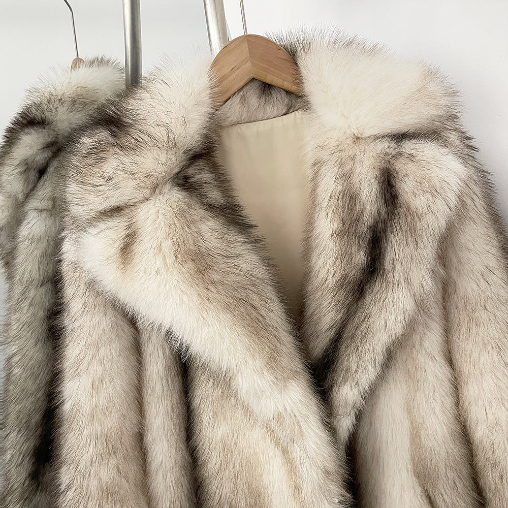 OFTBUY Luxury Long-Line Notch Lapel Faux Fur Coat - Elegant Winter Vegan Fur Overcoat