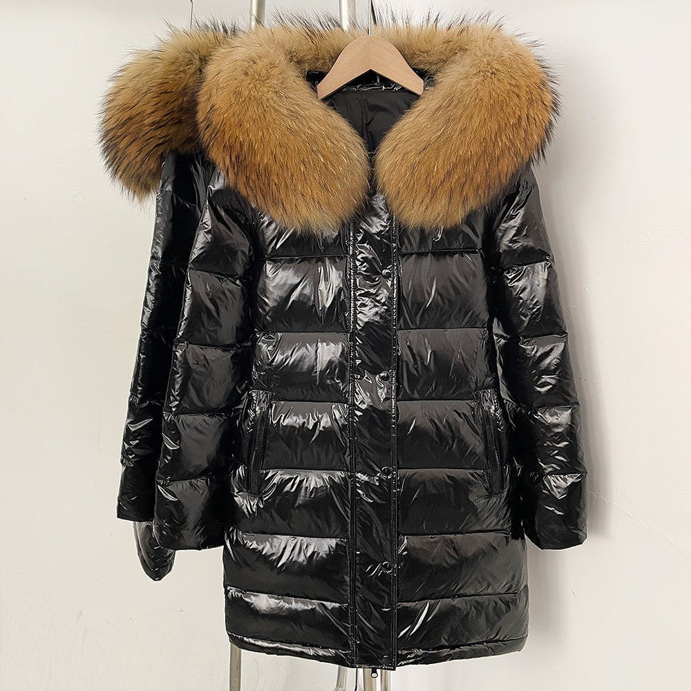 OFTBUY New Hood Collar Luxury Warm Winter Women's Shiny Puffer Jacket with Real Raccoon Fox Fur Outerwear Duck Down Coat Female
