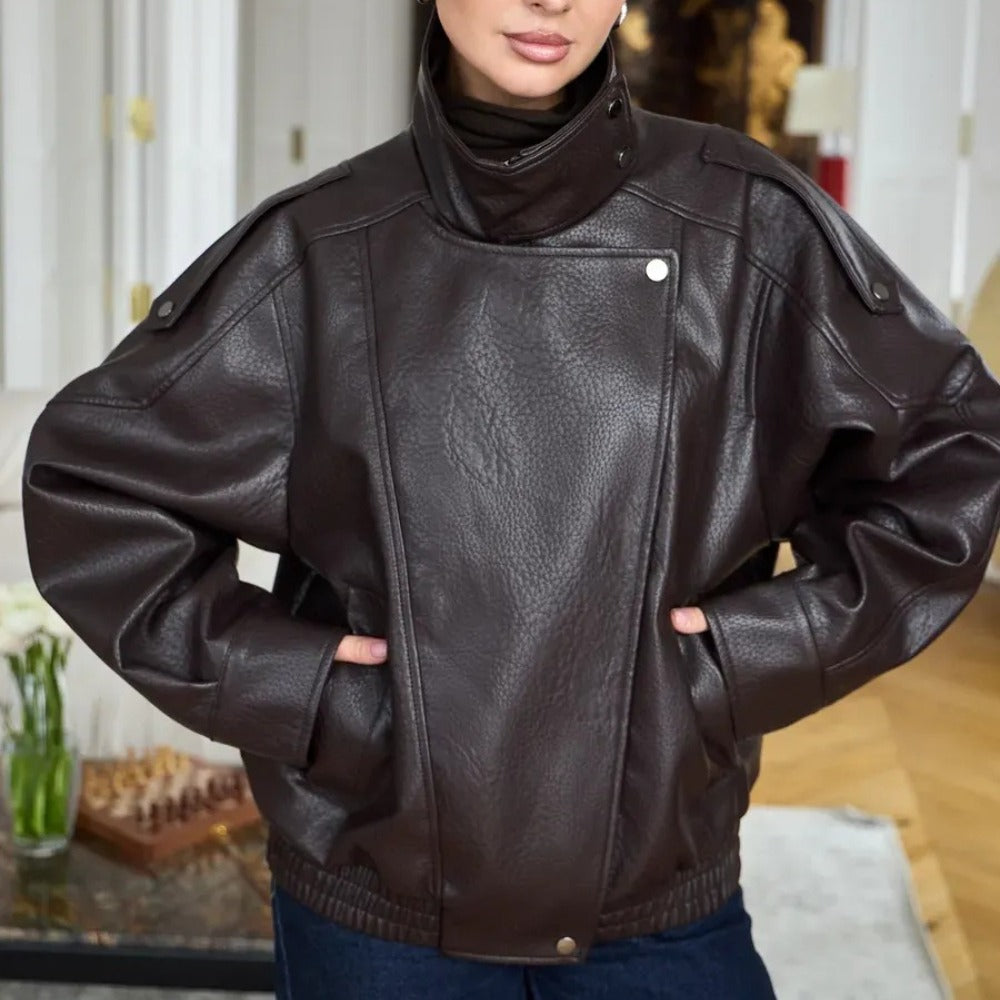 OFTBUY Womens Oversized Faux Leather Bomber Jacket