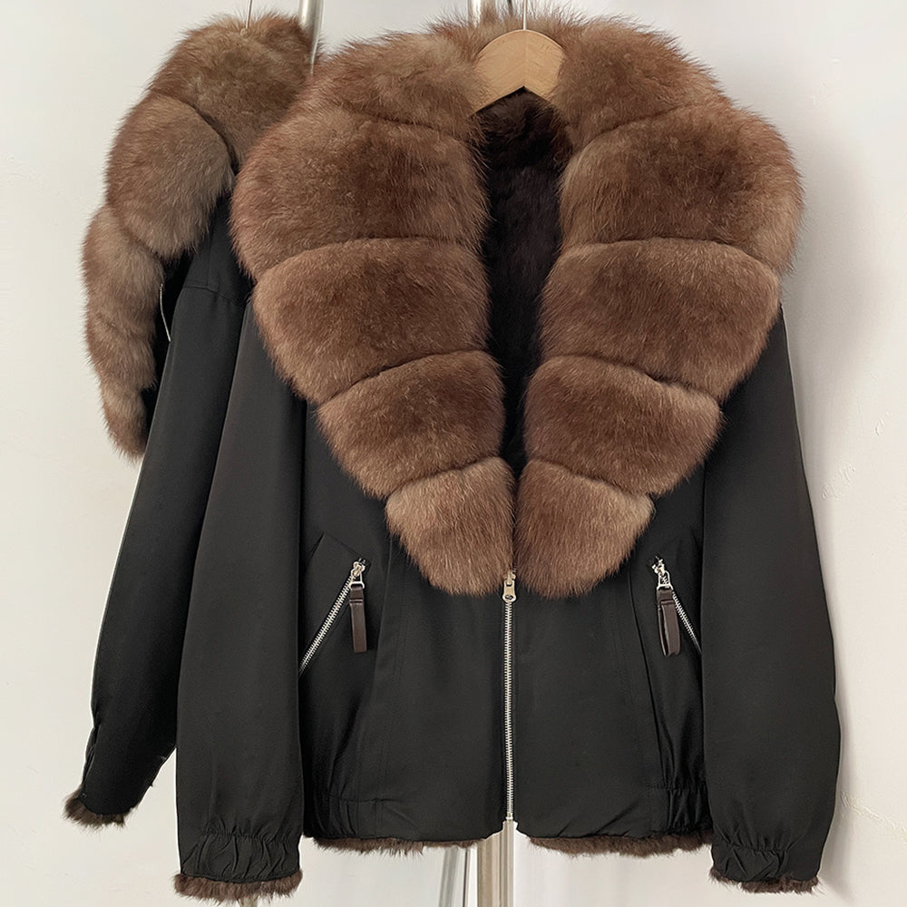 OFTBUY Luxury Real Fox Fur Collar Parka - Premium Real Rabbit Fur Lined Bomber Jacket for Extreme Cold
