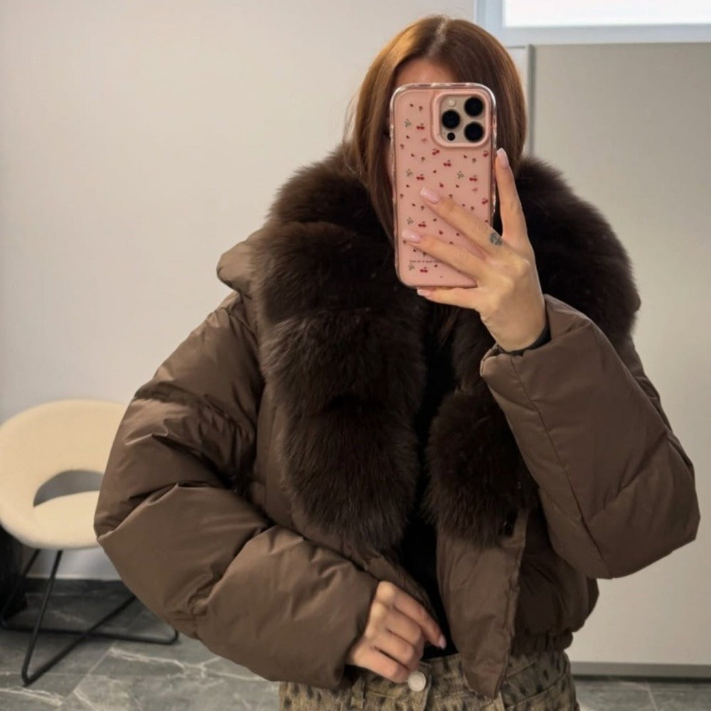 OFTBUY Luxury Cropped Puffer Jacket with Massive Real Fox Fur Collar - Premium 90% Duck Down Winter Coat