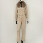 OFTBUY Winter New Women's Knitted Tracksuit Set with Fox Fur Collar Zipper Jacket Wide Leg Pants Luxury Casual Two-Piece Outfit