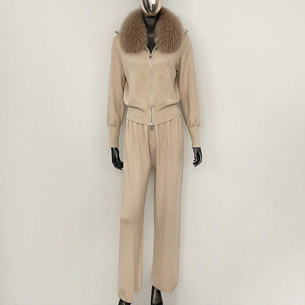 OFTBUY Winter New Women's Knitted Tracksuit Set with Fox Fur Collar Zipper Jacket Wide Leg Pants Luxury Casual Two-Piece Outfit