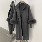 OFTBUY New Autumn Winter Knitted Sleeves Woolen Clothes Women High Collar Belt Real Fox Fur Wool Coat Female Alpaca Loose Jacket