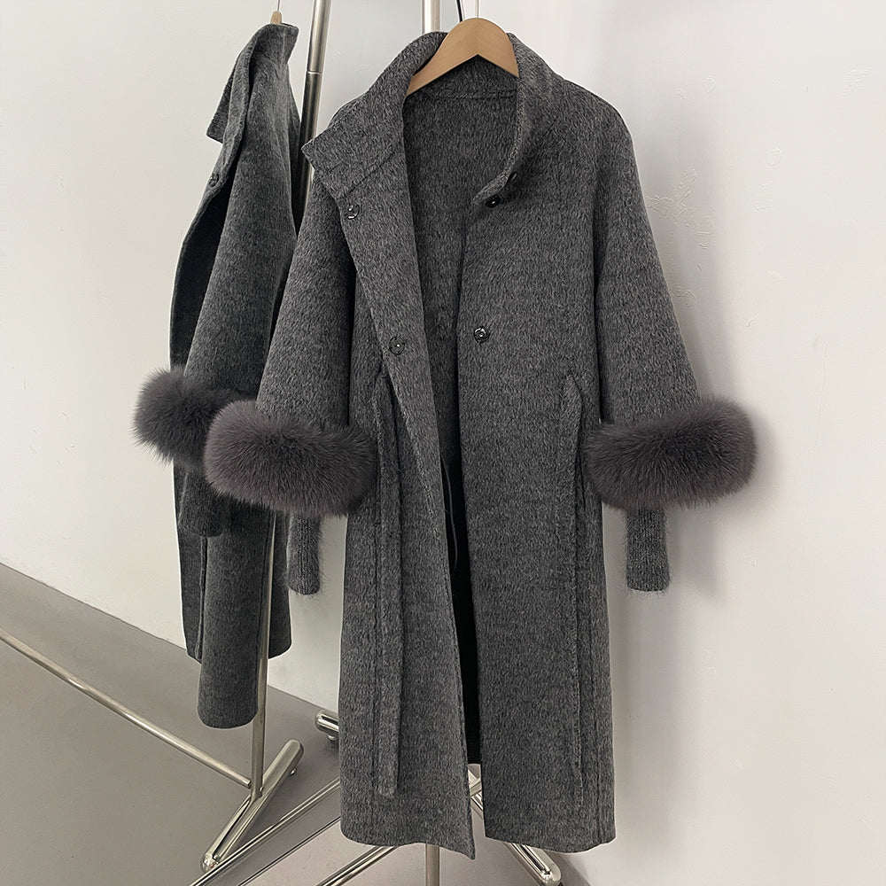 OFTBUY New Autumn Winter Knitted Sleeves Woolen Clothes Women High Collar Belt Real Fox Fur Wool Coat Female Alpaca Loose Jacket