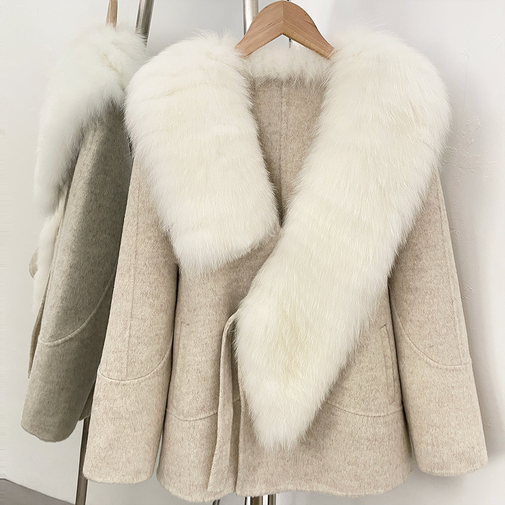 OFTBUY New Autumn Winter Double-sided Wool Jacket Elegant Real Fox Fur Collar 100% Wool Coat Female Woolen Blends Clothes Women