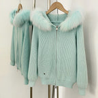 OFTBUY Natural Fur Knitted Sweater Jacket Hooded Real Fox Fur Cardigan Coat Women New Autumn Winter Zipper Warm Clothes Female