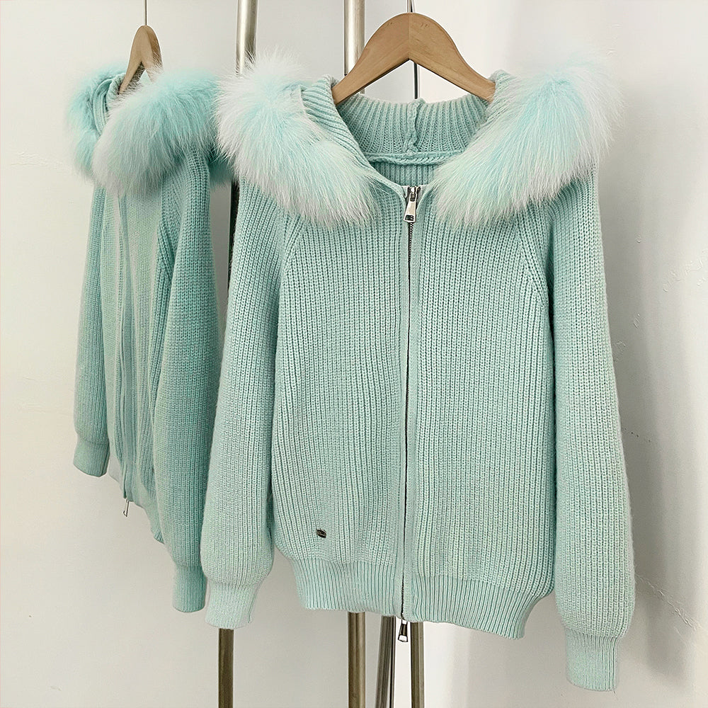 OFTBUY Natural Fur Knitted Sweater Jacket Hooded Real Fox Fur Cardigan Coat Women New Autumn Winter Zipper Warm Clothes Female