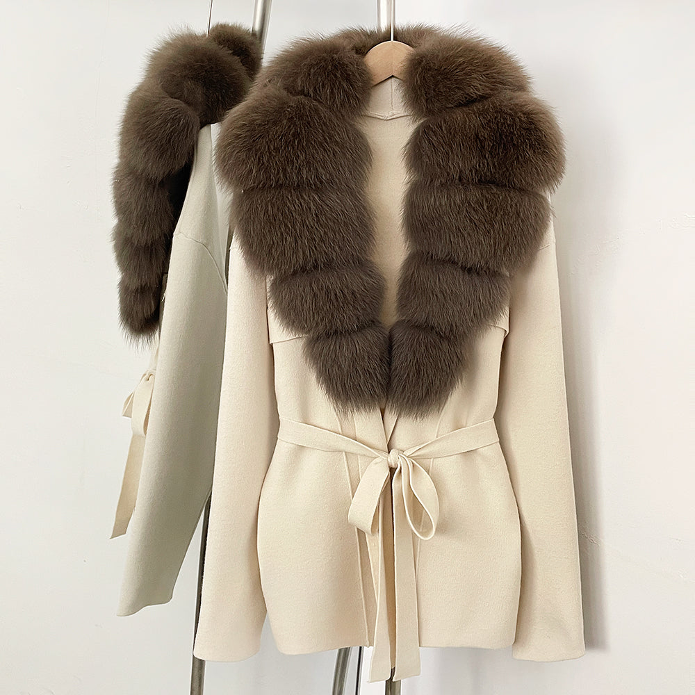 OFTBUY New Autumn Winter Luxury Fashion Outerwear Lady Women's Knit Coat with Large Real Fox Fur Collar Belt Textured Knit Warm