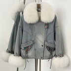 OFTBUY New Autumn Winter Clothes Female Real Fox Fur Goose Down Inner Lid Denim Jacket Women Thick Warm Fur Puffer Jacket Lady
