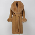 OFTBUY Winter Jacket Women Long Natural Wool Blends Cashmere Real Fur Coat Double Breasted Belt Warm Streetwear New Fashion