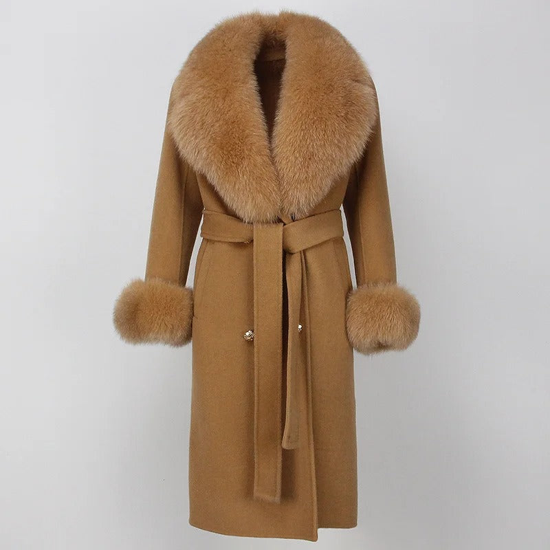 OFTBUY Winter Jacket Women Long Natural Wool Blends Cashmere Real Fur Coat Double Breasted Belt Warm Streetwear New Fashion