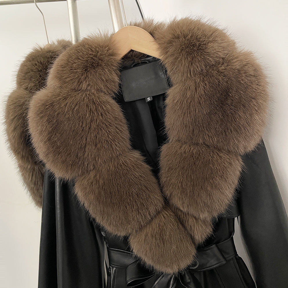 OFTBUY Long Faux Leather Jacket with Faux Fur Collar New Autumn Winter Clothes Women Fashion Belt Pocket Coat Female Streetwear