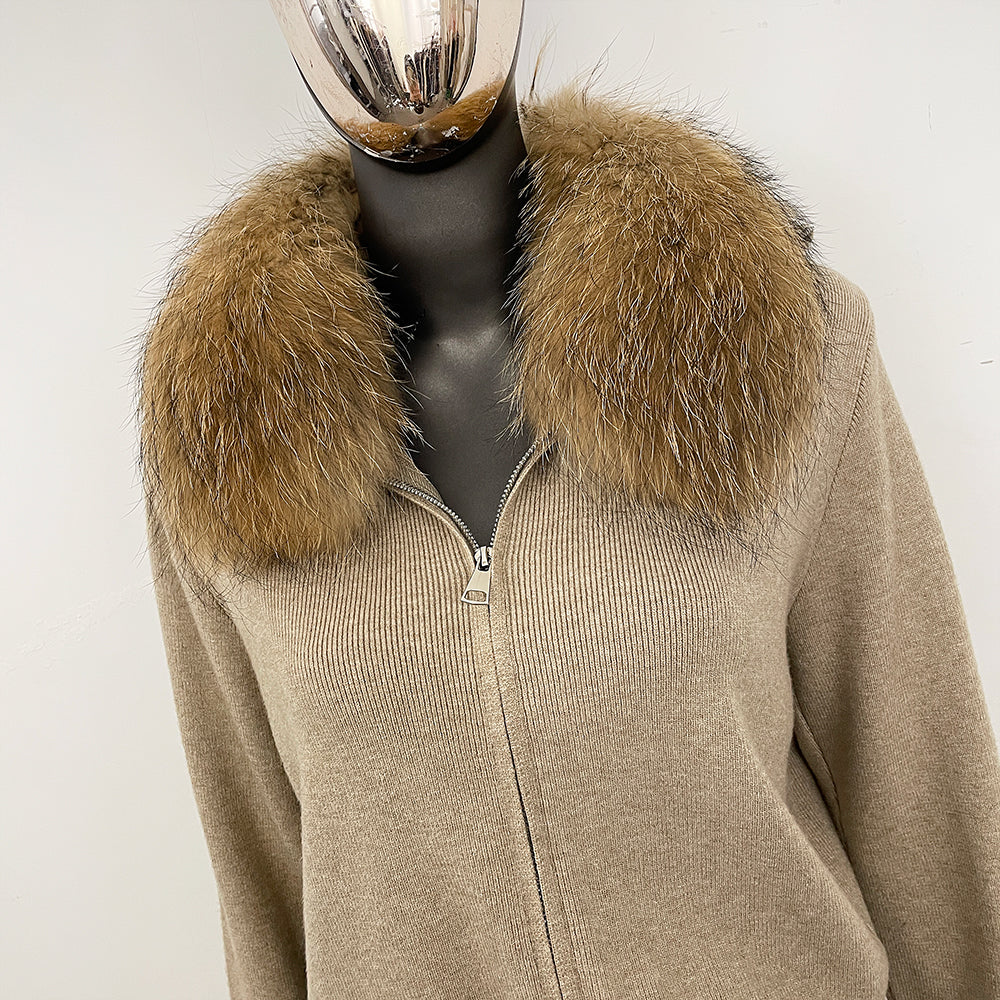 OFTBUY Winter New Women's Knitted Tracksuit Set with Fox Fur Collar Zipper Jacket Wide Leg Pants Luxury Casual Two-Piece Outfit