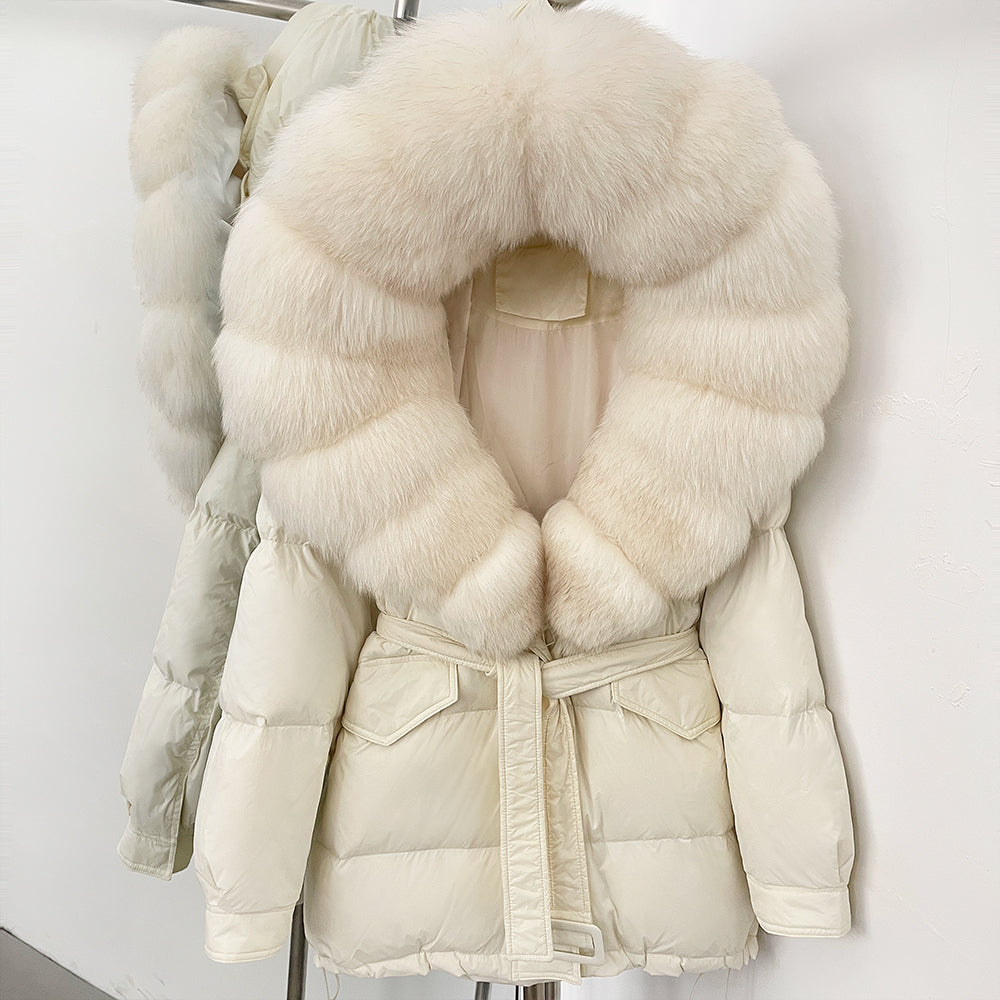OFTBUY Thick Warm Mid-Long Puffer Coat Real Fox Fur Collar White Duck Down Coat Female Loose Warm Hooded Parkas With Belt