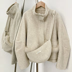 OFTBUY Short Zipper Real Fox Fur Woolen Jacket Fashion Casual Long Sleeves Woo Coat Female with Bag New Autumn Clothes Women