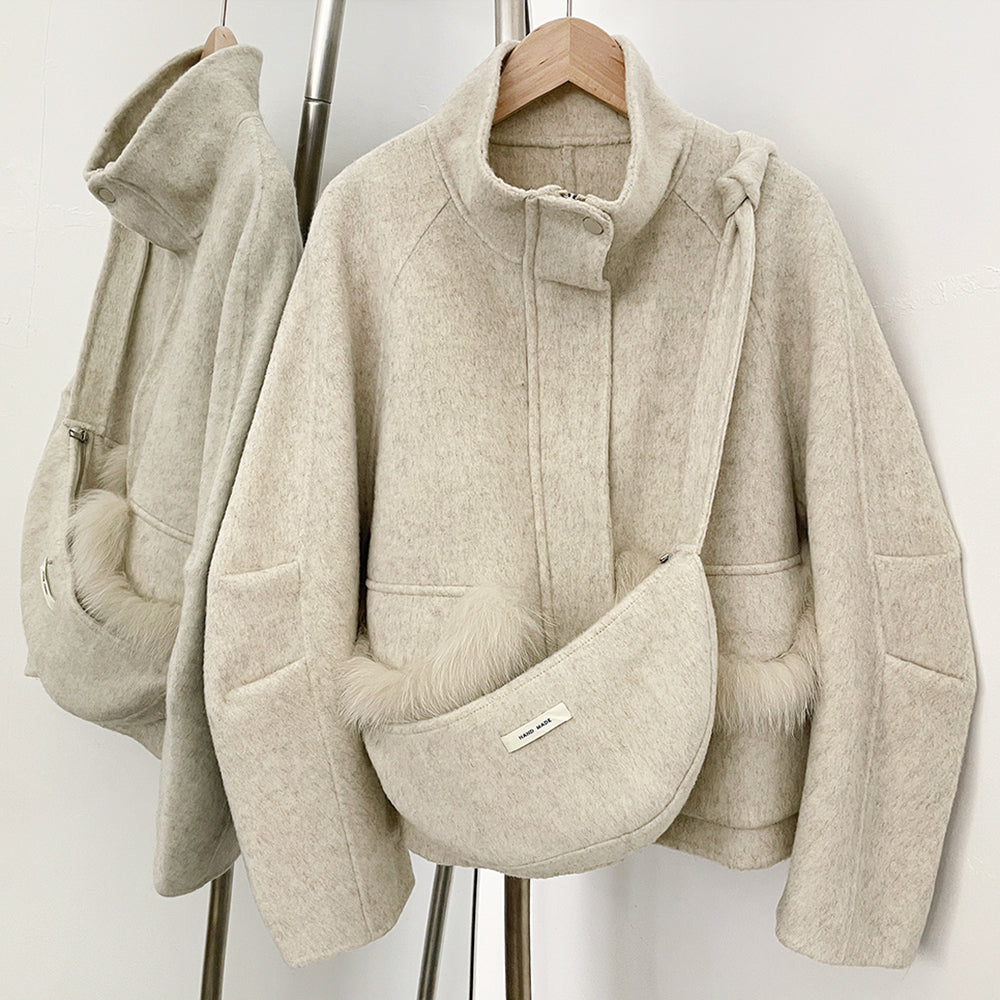 OFTBUY Short Zipper Real Fox Fur Woolen Jacket Fashion Casual Long Sleeves Woo Coat Female with Bag New Autumn Clothes Women