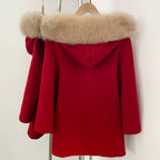 OFTBUY New Women's Wool Coat with Large Real Fox Fur Hooded Trim Long Sleeve Warm Winter Elegant Fashion Outerwear Woolen Cape
