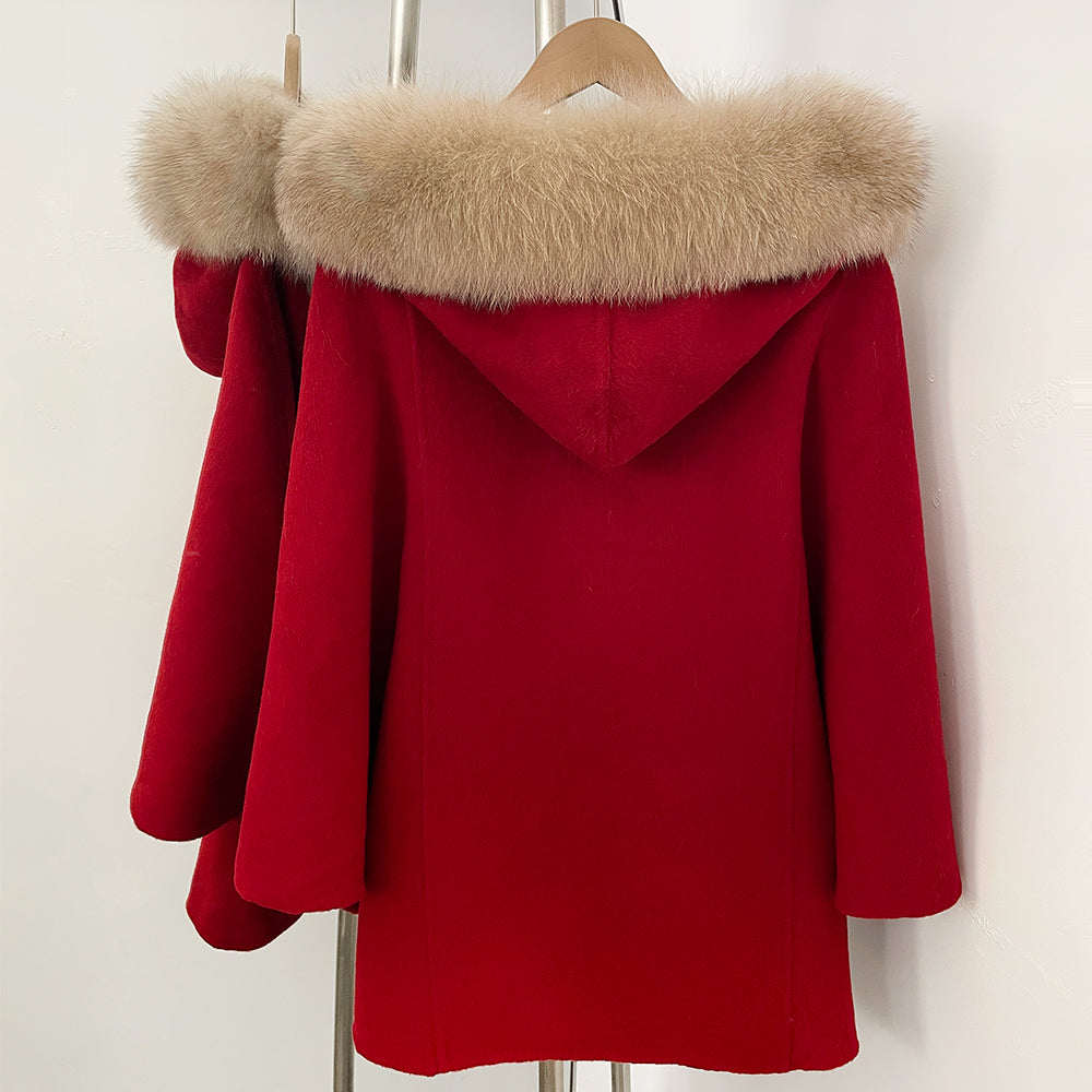 OFTBUY New Women's Wool Coat with Large Real Fox Fur Hooded Trim Long Sleeve Warm Winter Elegant Fashion Outerwear Woolen Cape