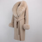 OFTBUY Winter Jacket Women Long Natural Wool Blends Cashmere Real Fur Coat Double Breasted Belt Warm Streetwear New Fashion