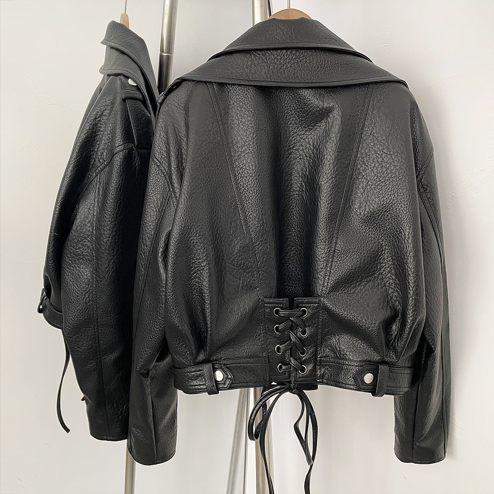 OFTBUY Women's Black Faux Leather Cropped Moto Jacket Asymmetric Zip PU Biker Coat Female New Autumn Vintage Punk Outerwear
