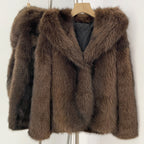 Rich espresso coffee brown short faux fur jacket with hood for a warm winter look
