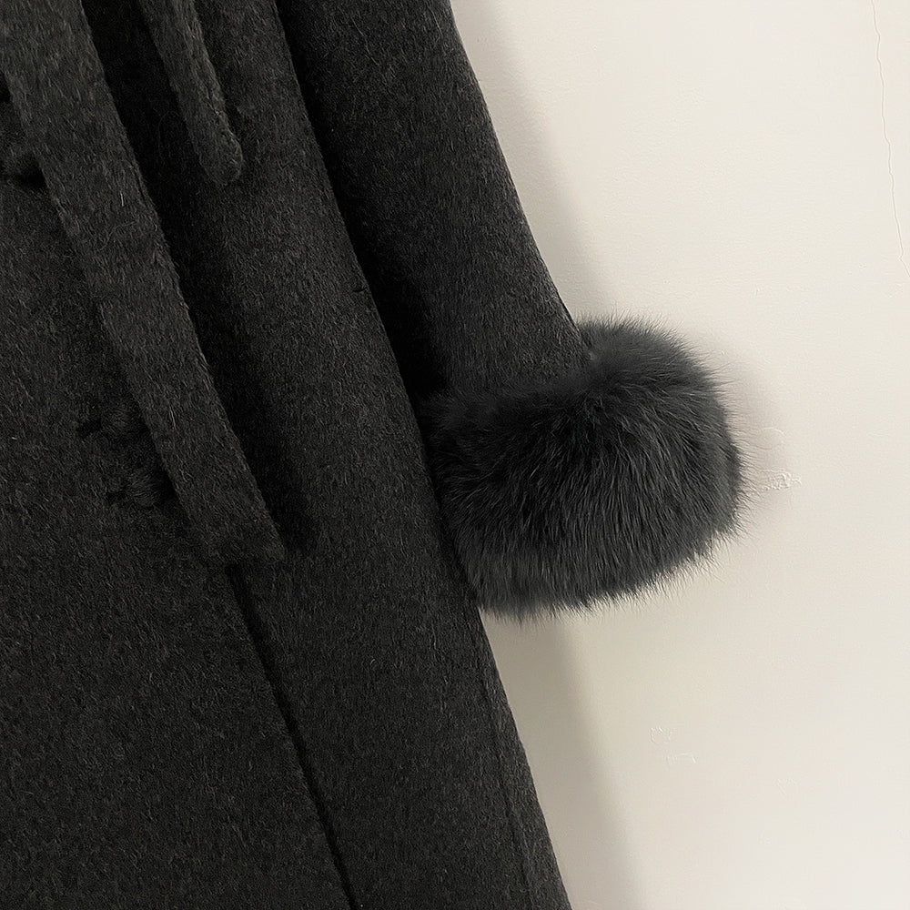 OFTBUY New Women's Double-Faced Wool Coat with Real Fox Fur Design Belted Bow Warm Winter Elegant Fashion Outerwear Woolen Coat