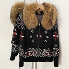 OFTBUY Women's Vintage Real Fox Fur Collar Knit Cardigan Paisley Print Zip Up Sweater Jacket Female Warm Winter Luxury Outerwear