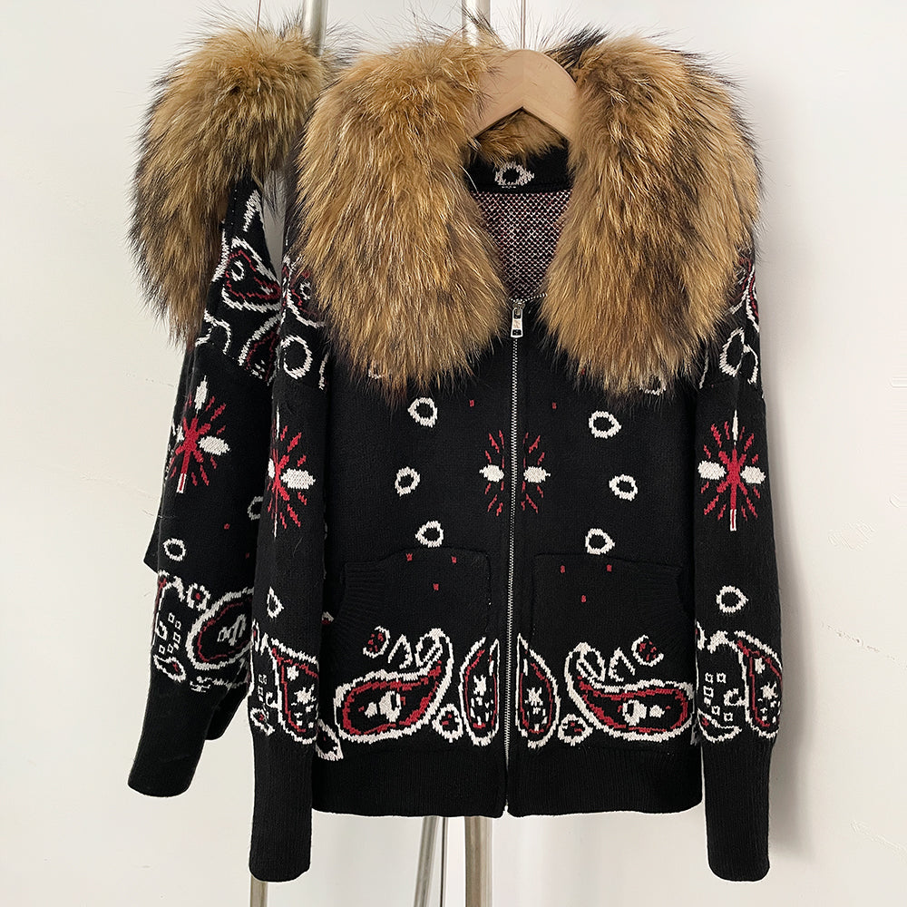 OFTBUY Women's Vintage Real Fox Fur Collar Knit Cardigan Paisley Print Zip Up Sweater Jacket Female Warm Winter Luxury Outerwear