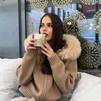 OFTBUY Luxury Knitted Zip-Up Hoodie with Oversized Real Fox Fur Hood - Premium Apres-Ski Luxe Loungewear
