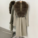OFTBUY Warm Winter Elegant Fashion knit Outerwear female New Women's Knit Long Coat with Large Real Fox Fur Collar Belted Waist