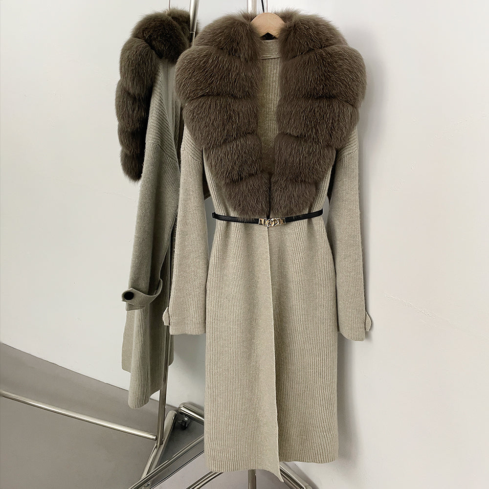 OFTBUY Warm Winter Elegant Fashion knit Outerwear female New Women's Knit Long Coat with Large Real Fox Fur Collar Belted Waist