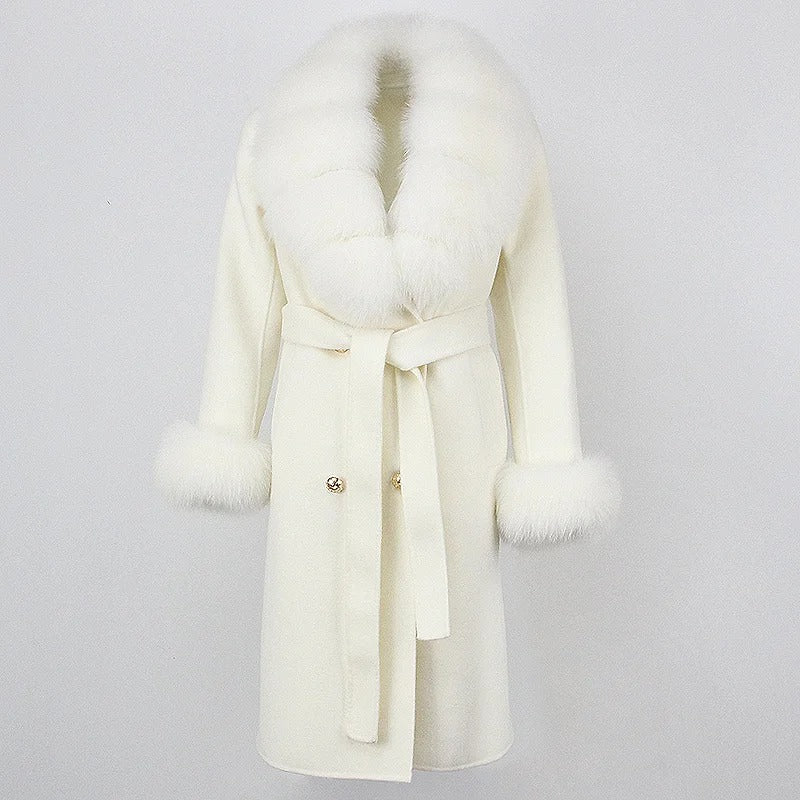OFTBUY Winter Jacket Women Long Natural Wool Blends Cashmere Real Fur Coat Double Breasted Belt Warm Streetwear New Fashion