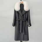 OFTBUY Winter Clothes Women Large Natural Fox Fur Jacket Long Wool Blends Cashmere Coat Belt Female Warm Woolen Streetwear