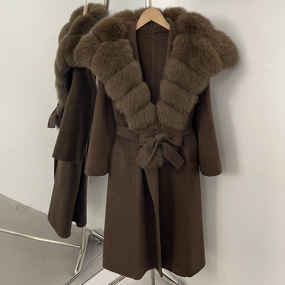OFTBUY Long Belt Real Fur Wool Coat Female New Autumn Winter Warm Clothes Women Natural Fox Fur Collar Cashmere Woolen Jacket