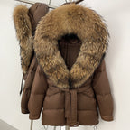 OFTBUY Thick Warm Mid-Long Puffer Coat Real Fox Fur Collar White Duck Down Coat Female Loose Warm Hooded Parkas With Belt