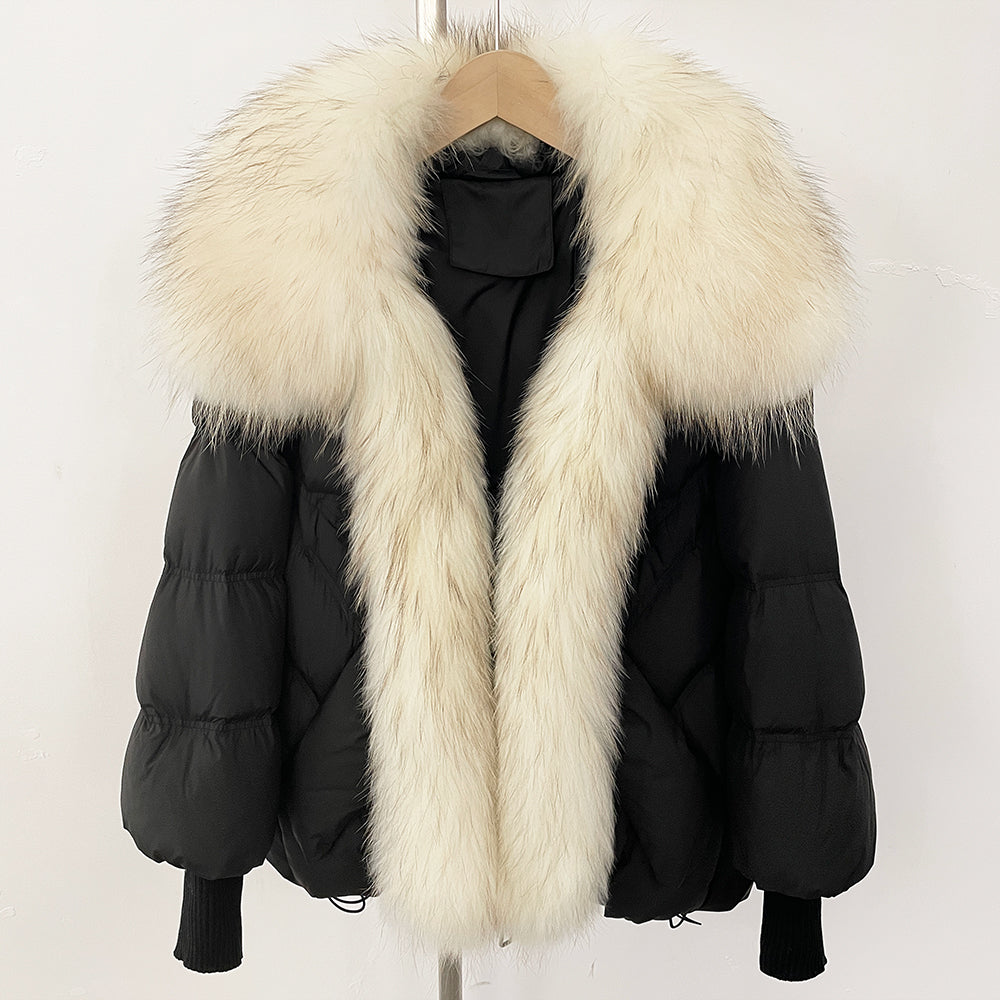 OFTBUY New Winter Large Real Raccoon Fur Puffer Coat Women Knit Sleeve White Duck Down Jacket Female Oversize Feather Down Parka
