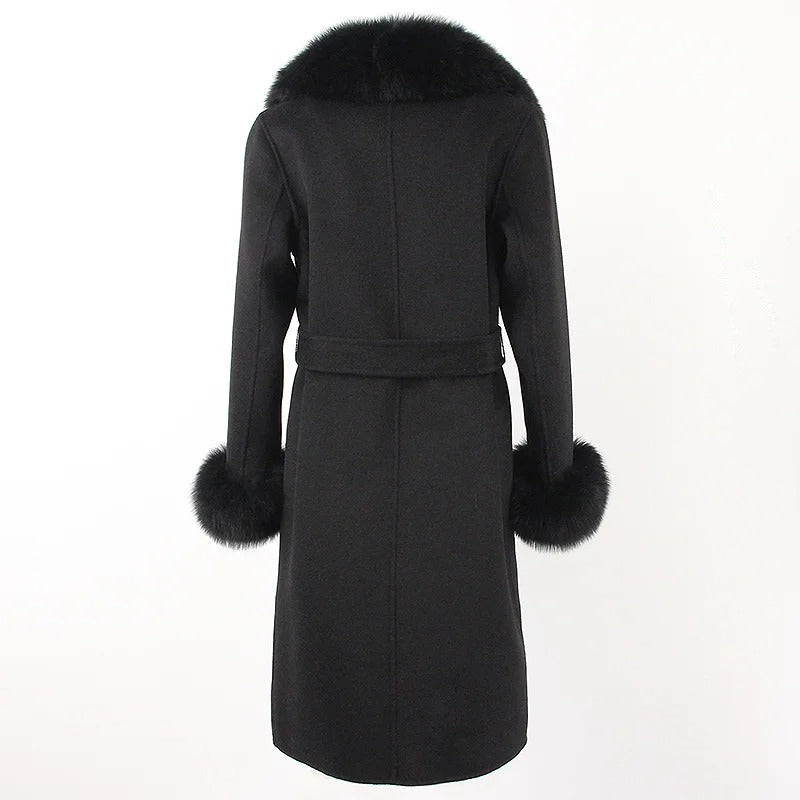OFTBUY Winter Jacket Women Long Natural Wool Blends Cashmere Real Fur Coat Double Breasted Belt Warm Streetwear New Fashion