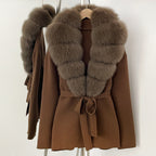 OFTBUY New Autumn Winter Luxury Fashion Outerwear Lady Women's Knit Coat with Large Real Fox Fur Collar Belt Textured Knit Warm