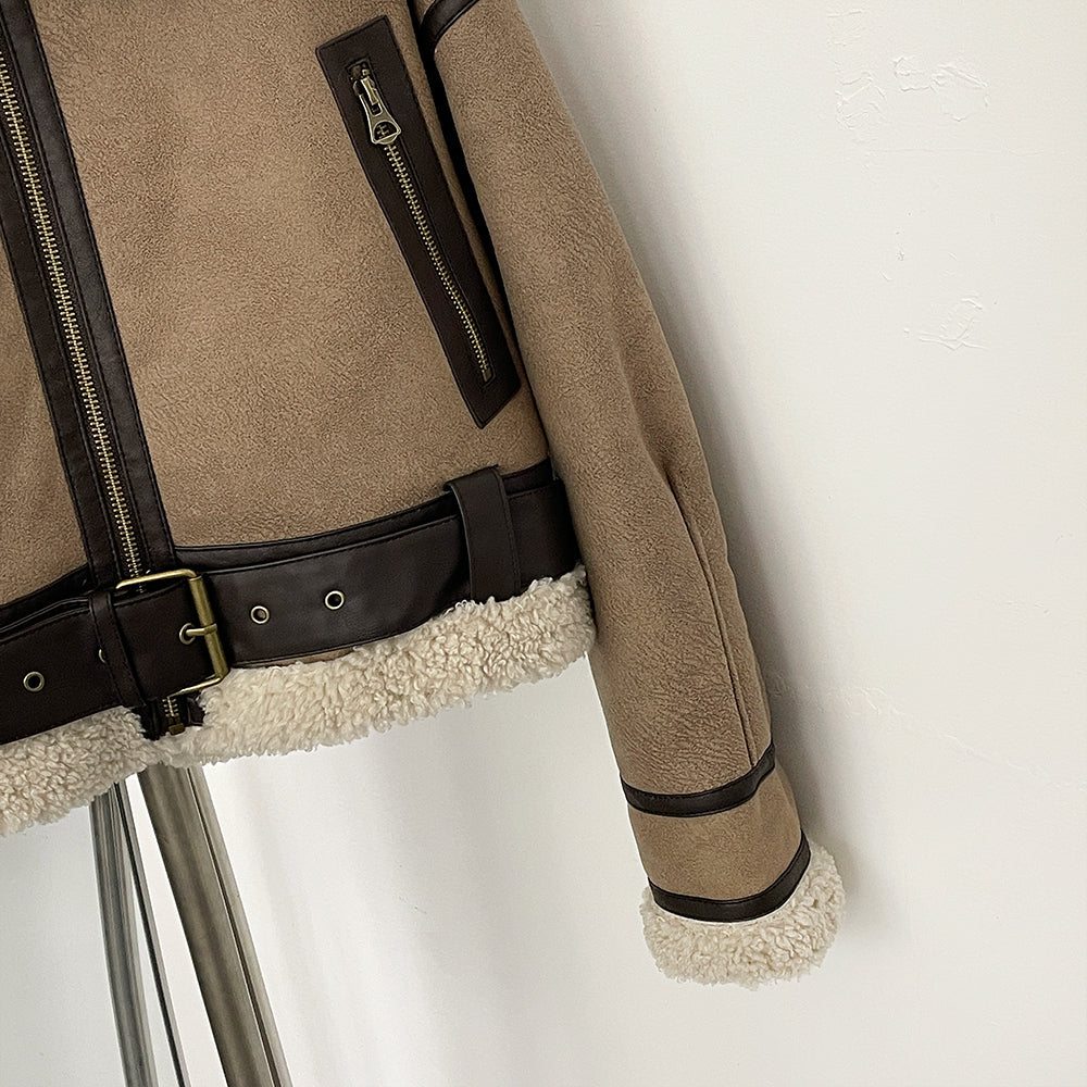 OFTBUY New Winter Clothing Woman's Fashion Thick Warm Faux Fur Shearling Jacket Coat Vintage Long Sleeve Belt Hem Jacket Female