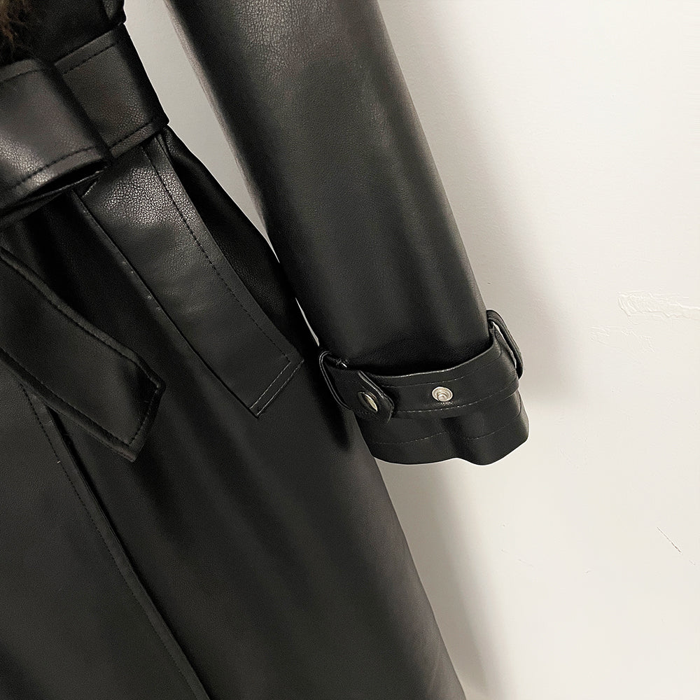 OFTBUY New Women's Long Faux Leather Trench Coat with Real Mongolian Sheep Fur Collar Belted Waist Luxury Jacket Warm Outerwear
