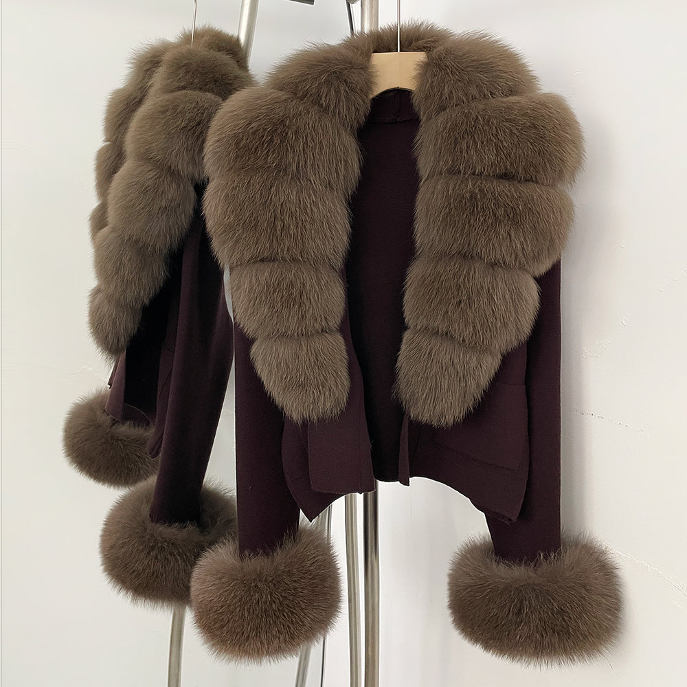 OFTBUY Loose Fit Warm Winter Fashion Lady Outerwear Sweater Female New Women's Knit Cardigan with Large Real Fox Fur Collar