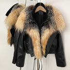 OFTBUY Women's Faux Leather Moto Jacket with Real Fox Fur Collar PU Leather Cropped Biker Coat with Lace-Up New Winter Outerwear