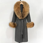 OFTBUY Fashion Warm Woolen Jacket with Real Fox Fur Collar and Cuffs New Autumn Winter Wool Clothing Women Long Belt Outerwear