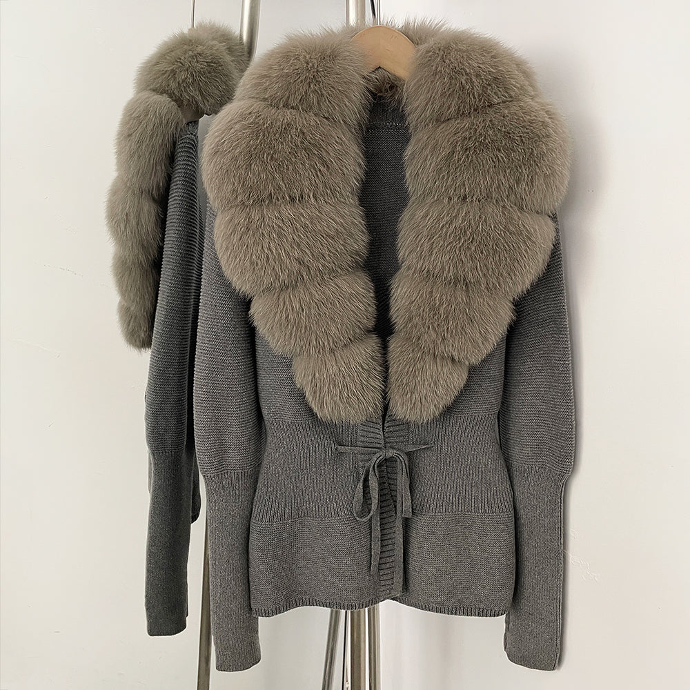 OFTBUY Luxury 100% Cotton Jacket with Real Fox Fur Collar New Autumn Winter Knit Cardigan Women Slim Warm Sweater Outerwear Lady