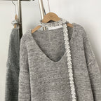 OFTBUY New Spring Autumn Top Knitted Clothes Women Loose Ribbon Knitwear Coat Real Fox Fur Lace Pullovers Sweater Jacket Female
