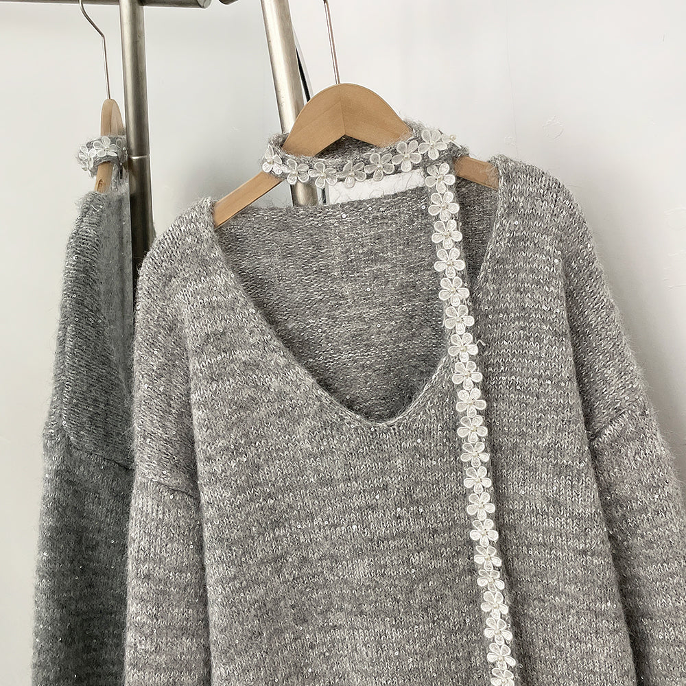 OFTBUY New Spring Autumn Top Knitted Clothes Women Loose Ribbon Knitwear Coat Real Fox Fur Lace Pullovers Sweater Jacket Female
