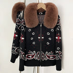 OFTBUY Women's Vintage Real Fox Fur Collar Knit Cardigan Paisley Print Zip Up Sweater Jacket Female Warm Winter Luxury Outerwear