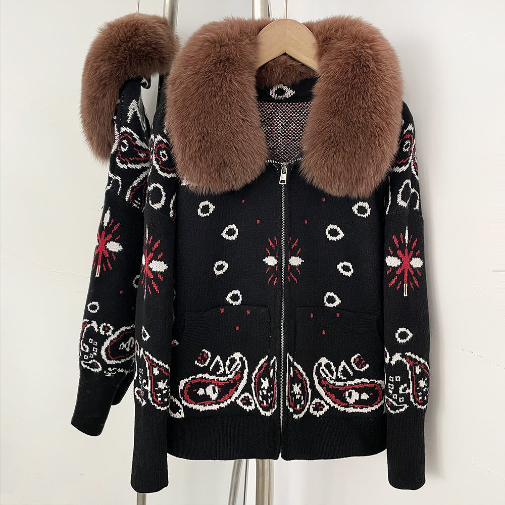 OFTBUY Women's Vintage Real Fox Fur Collar Knit Cardigan Paisley Print Zip Up Sweater Jacket Female Warm Winter Luxury Outerwear