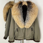 OFTBUY Luxury Real Fox Fur Collar Parka - Premium Real Rabbit Fur Lined Bomber Jacket for Extreme Cold